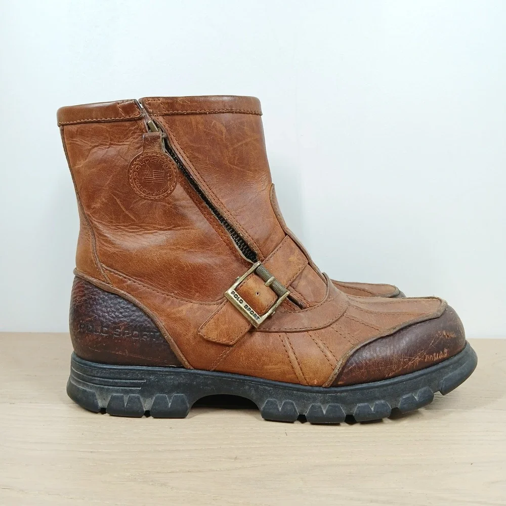 Polo Sport Ralph Lauren Boots Mens 9.5 Brown Leather Vintage Moto Workwear